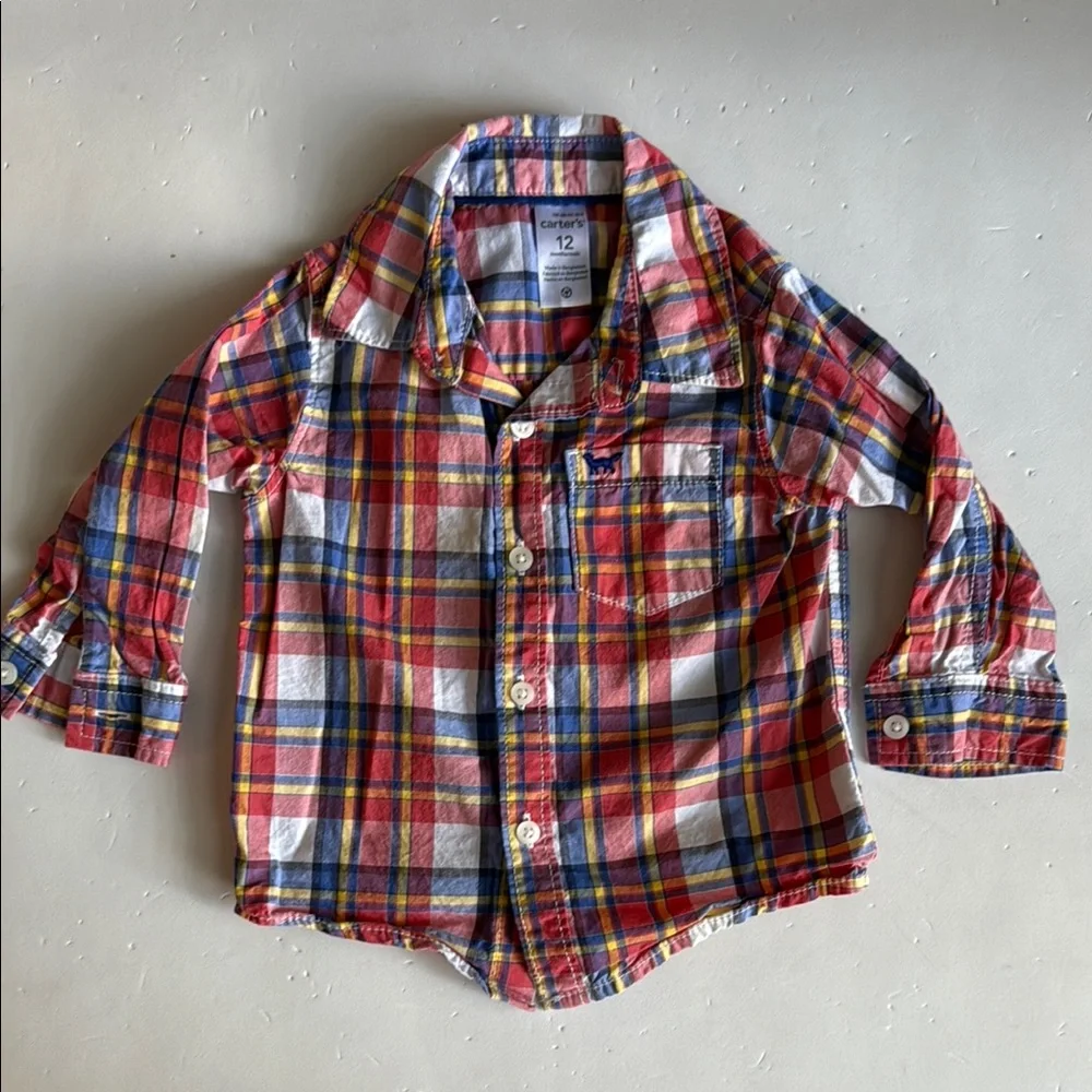 Carter's Multicolor Red, Blue, Yellow, & White Plaid Button-Down Boy Shirt 12 Mo